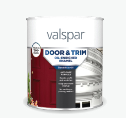 Can of Valspar Door and Trim Enamel. Can features photographs of a rich, red door and close-up of exterior gable with white trim.